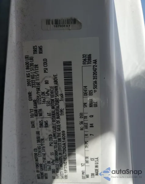 2013 Ford Econoline E150 Van z USA, uszkodzony, nr VIN 1FTNE1EL7DDA14069